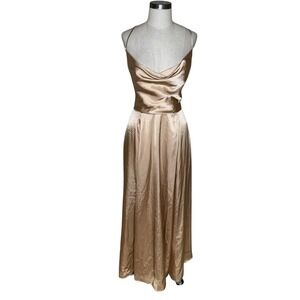 GALINA SIGNATURE Gown Champagne Gold Cowl Neck Lace Up Back Women's Size 8